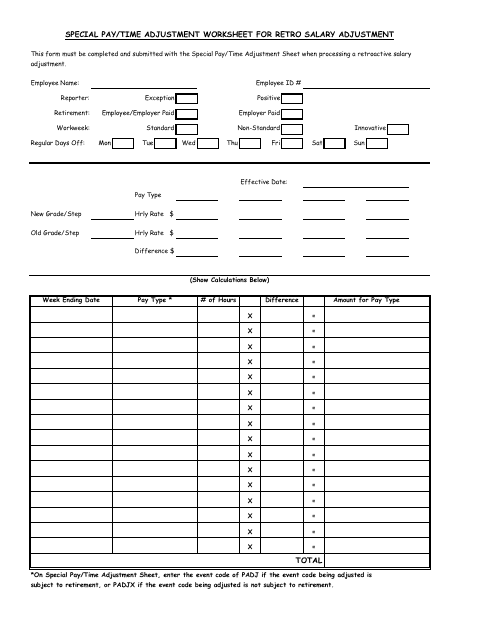 Special Pay/Time Adjustment Worksheet for Retro Salary Adjustment - Nevada