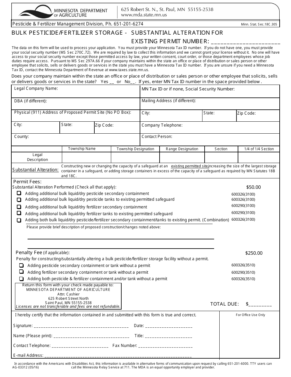 Form AG-03312 Bulk Pesticide / Fertilizer Storage - Substantial Alteration - Minnesota, Page 1