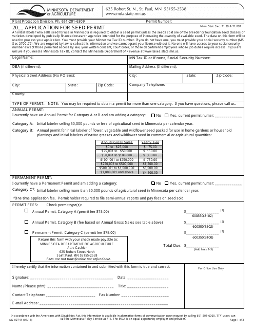 Form AG-00744 Seed Permit Application - Minnesota