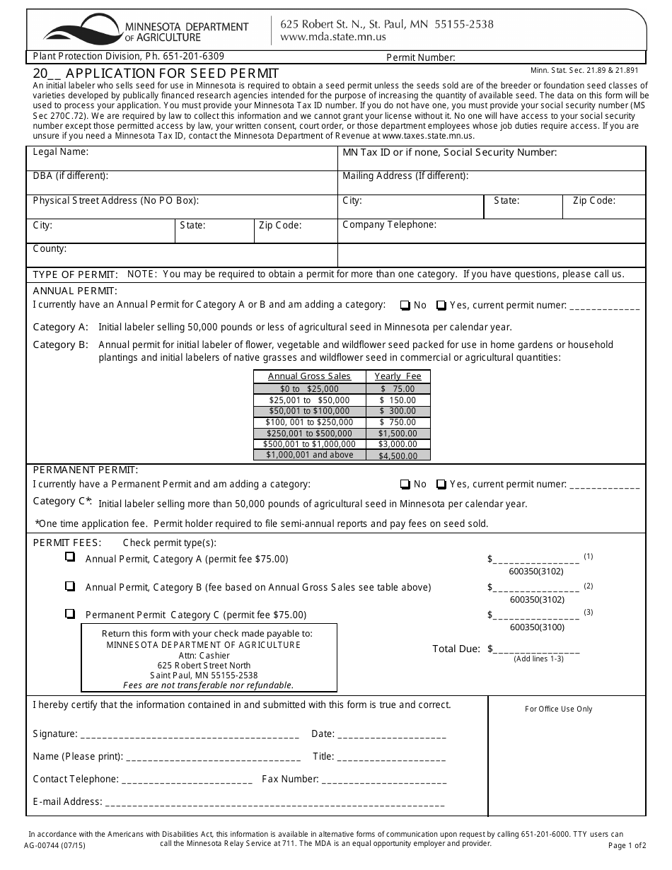 Form AG-00744 Seed Permit Application - Minnesota, Page 1