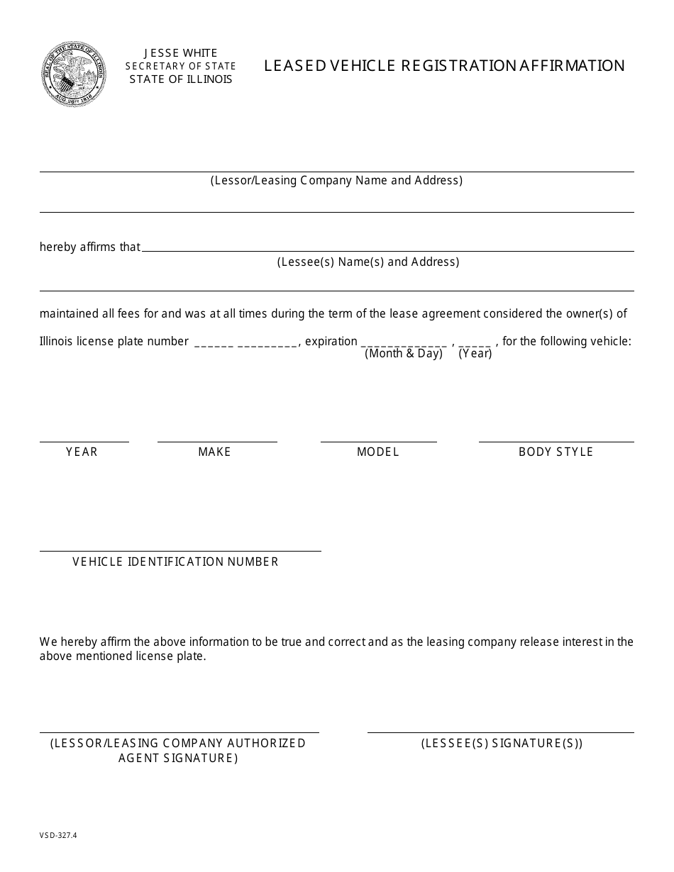 Form VSD327 Leased Vehicle Registration Affirmation - Illinois, Page 1