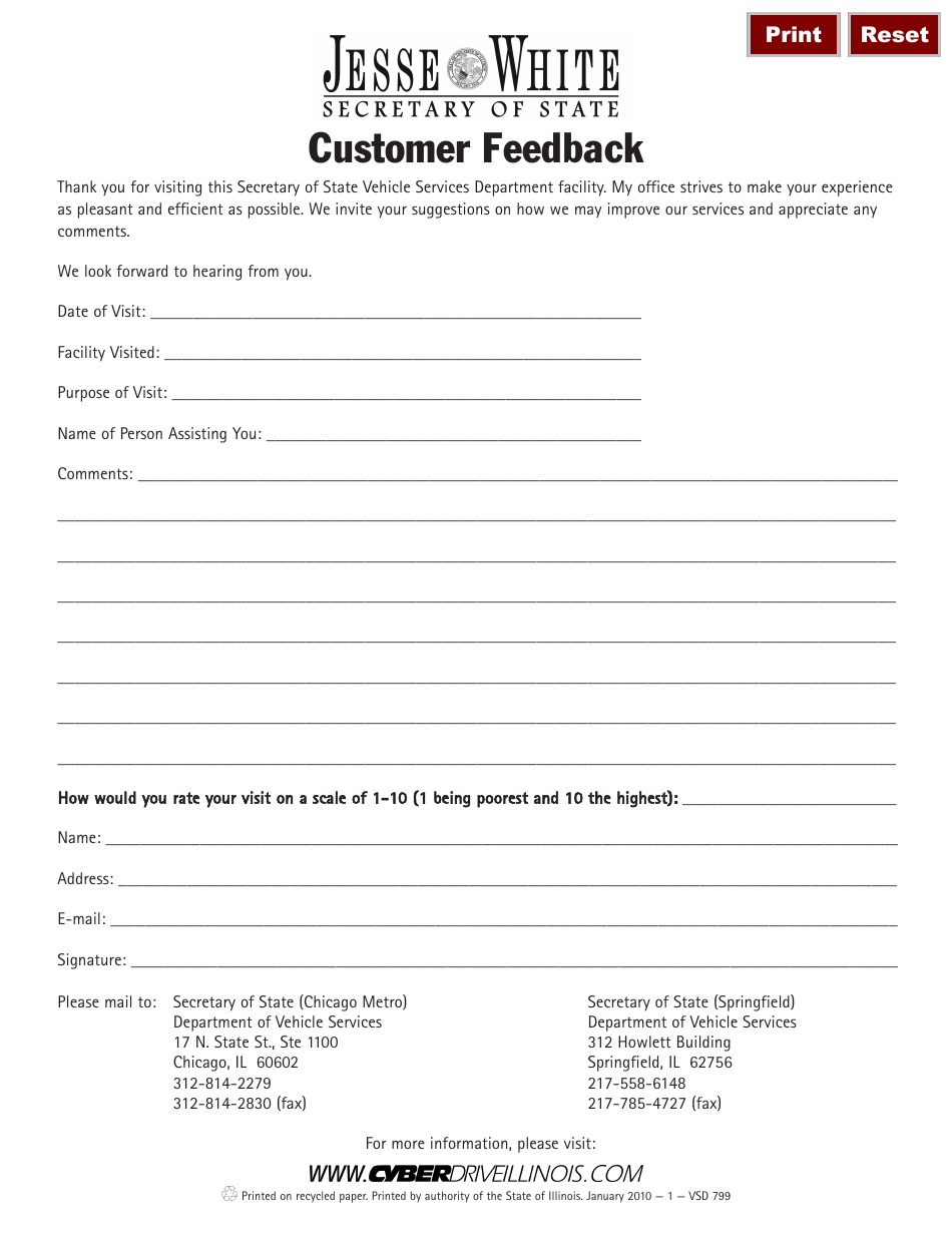 Form VSD799 Customer Feedback - Illinois, Page 1