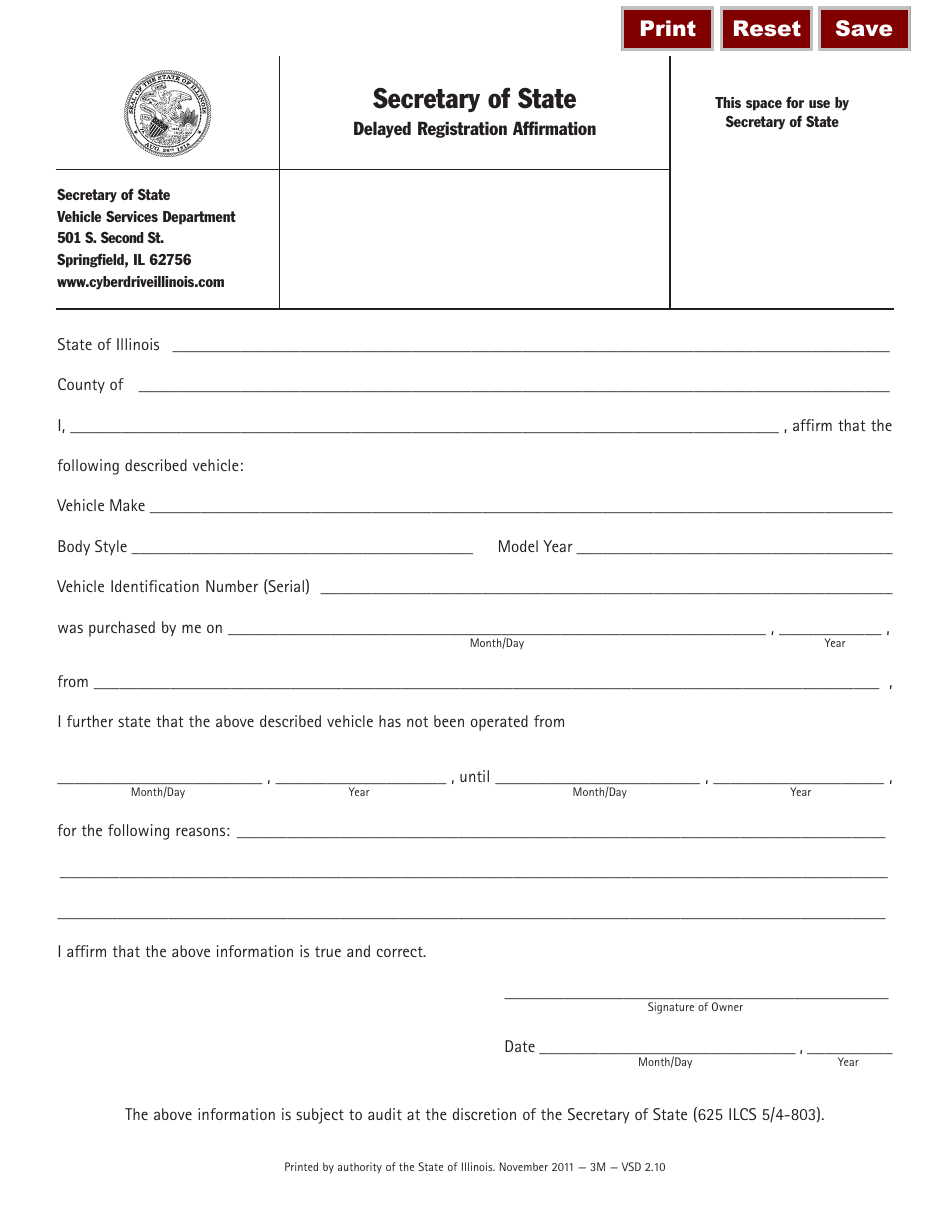 Form VSD2 Delayed Registration Affirmation - Illinois, Page 1