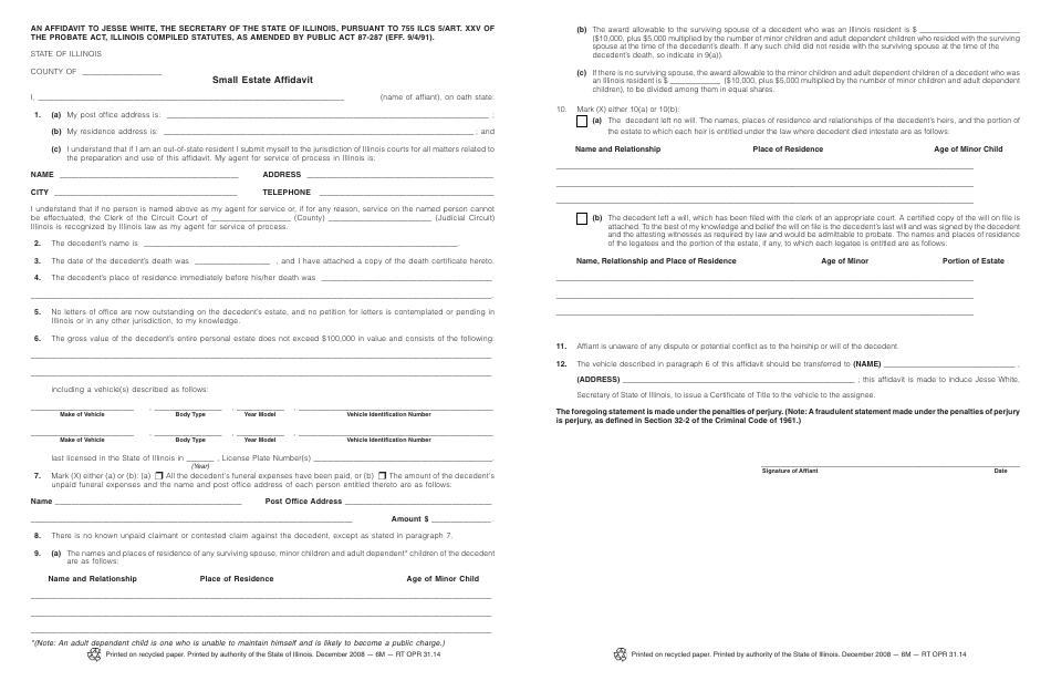 Form RT OPR31.14 Small Estate Affidavit - Illinois, Page 2