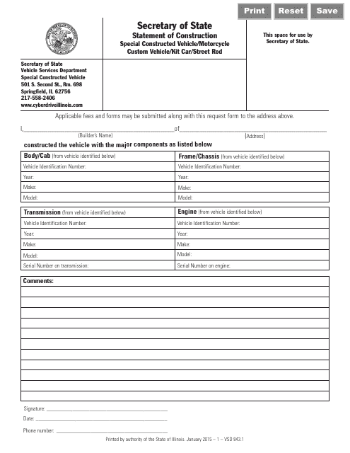 Form VSD843 Statement of Construction Special Constructed Vehicle/Motorcycle Custom Vehicle/Kit Car/Street Rod - Illinois