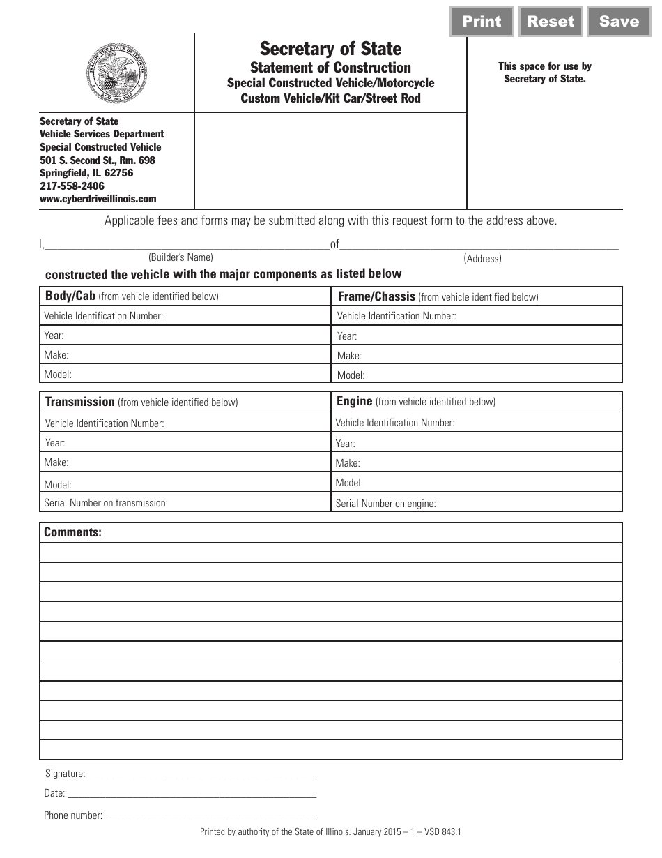 Form VSD843 - Fill Out, Sign Online and Download Fillable PDF, Illinois ...