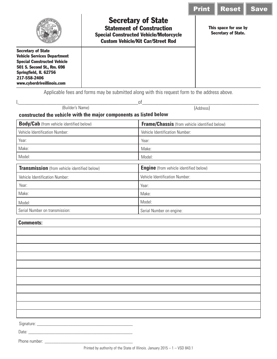 Form VSD843 Statement of Construction Special Constructed Vehicle / Motorcycle Custom Vehicle / Kit Car / Street Rod - Illinois, Page 1