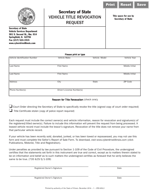 Form VSD850 Vehicle Title Revocation Request - Illinois