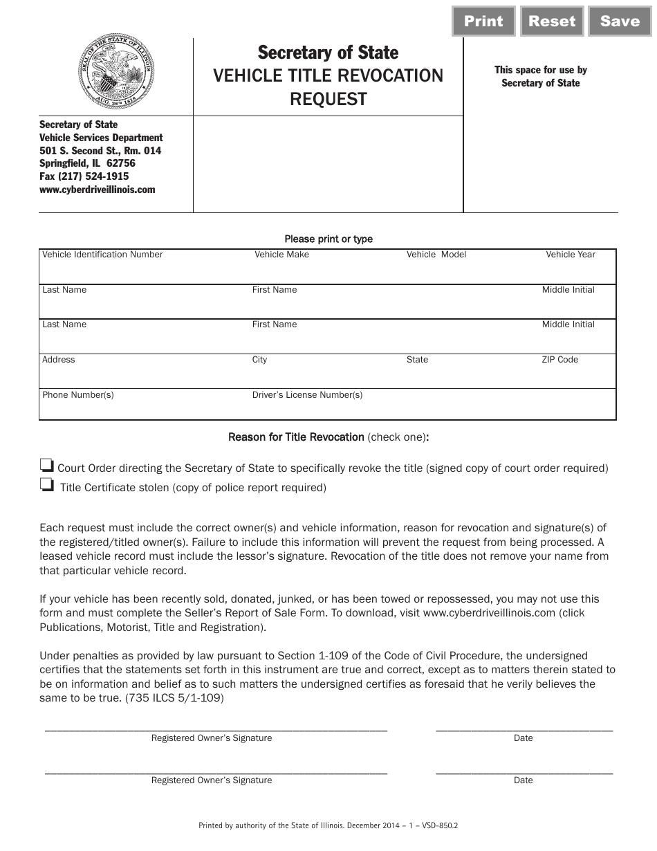Form VSD850 Vehicle Title Revocation Request - Illinois, Page 1