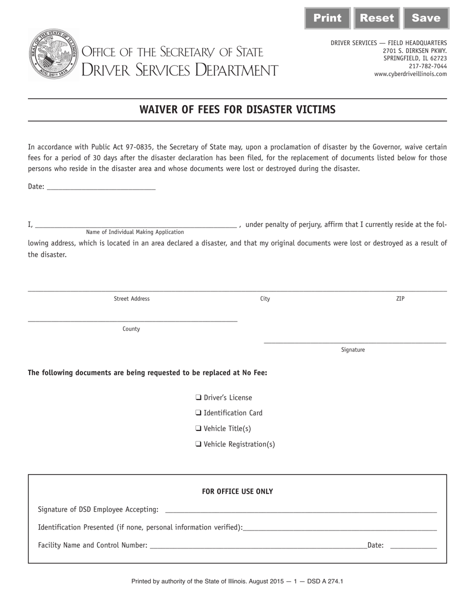 Form DSD A274 Waiver of Fees for Disaster Victims - Illinois, Page 1