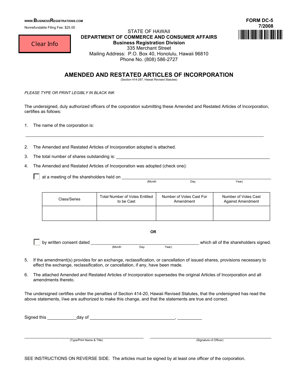 Form DC-5 Amended and Restated Articles of Incorporation - Hawaii, Page 1