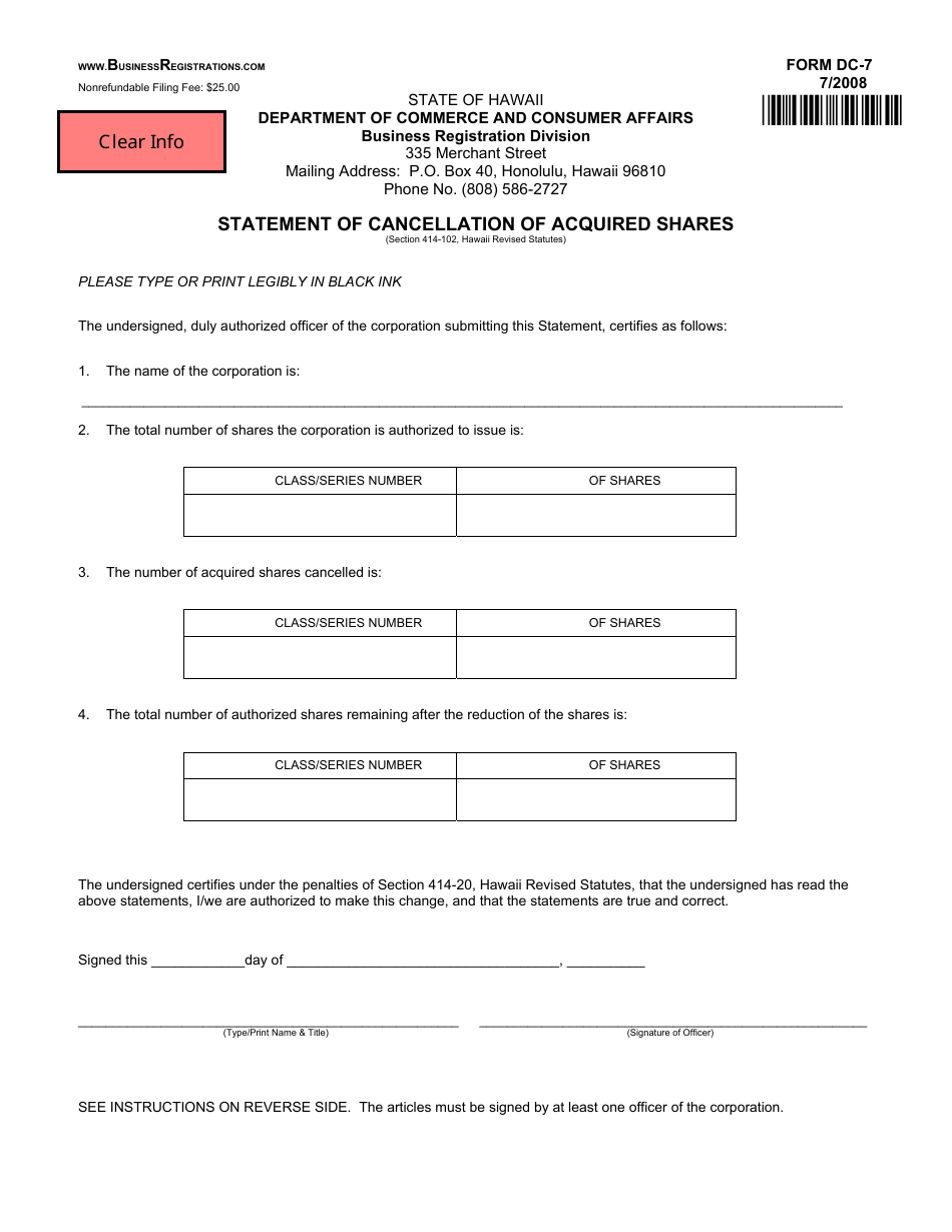 Form DC-7 Statement of Cancellation of Acquired Shares - Hawaii, Page 1