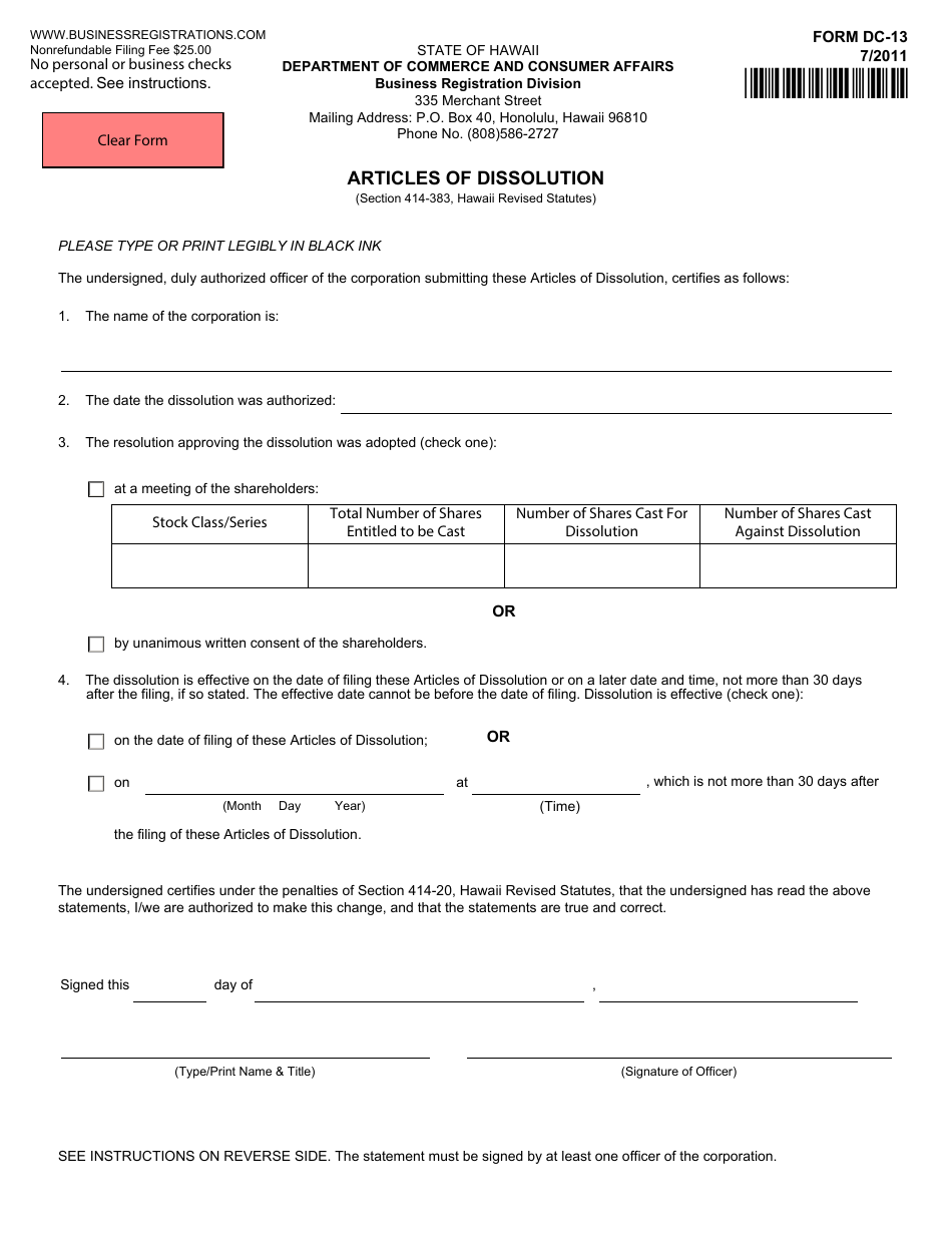 Form DC-13 Articles of Dissolution - Hawaii, Page 2
