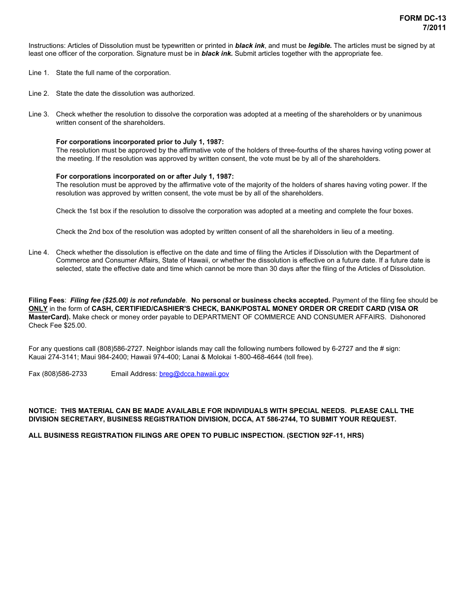 Form DC-13 Articles of Dissolution - Hawaii, Page 3