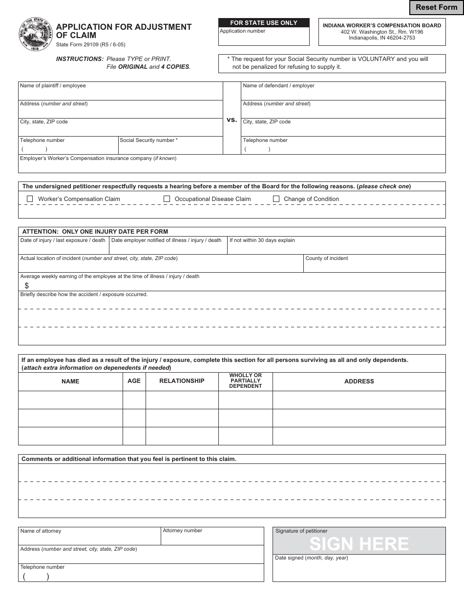 State Form 29109 Application for Adjustment of Claim - Indiana, Page 1