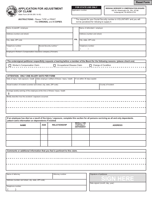 State Form 29109 Application for Adjustment of Claim - Indiana