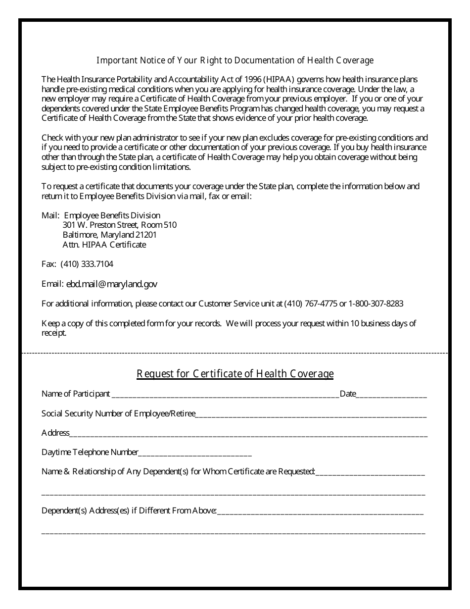 Request for Certificate of Health Coverage - Maryland, Page 1