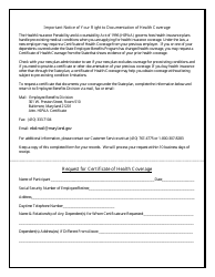 Document preview: Request for Certificate of Health Coverage - Maryland