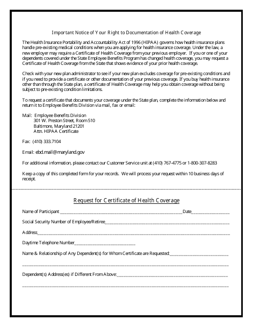 Request for Certificate of Health Coverage - Maryland