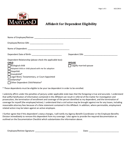 Affidavit for Dependent Eligibility - Maryland