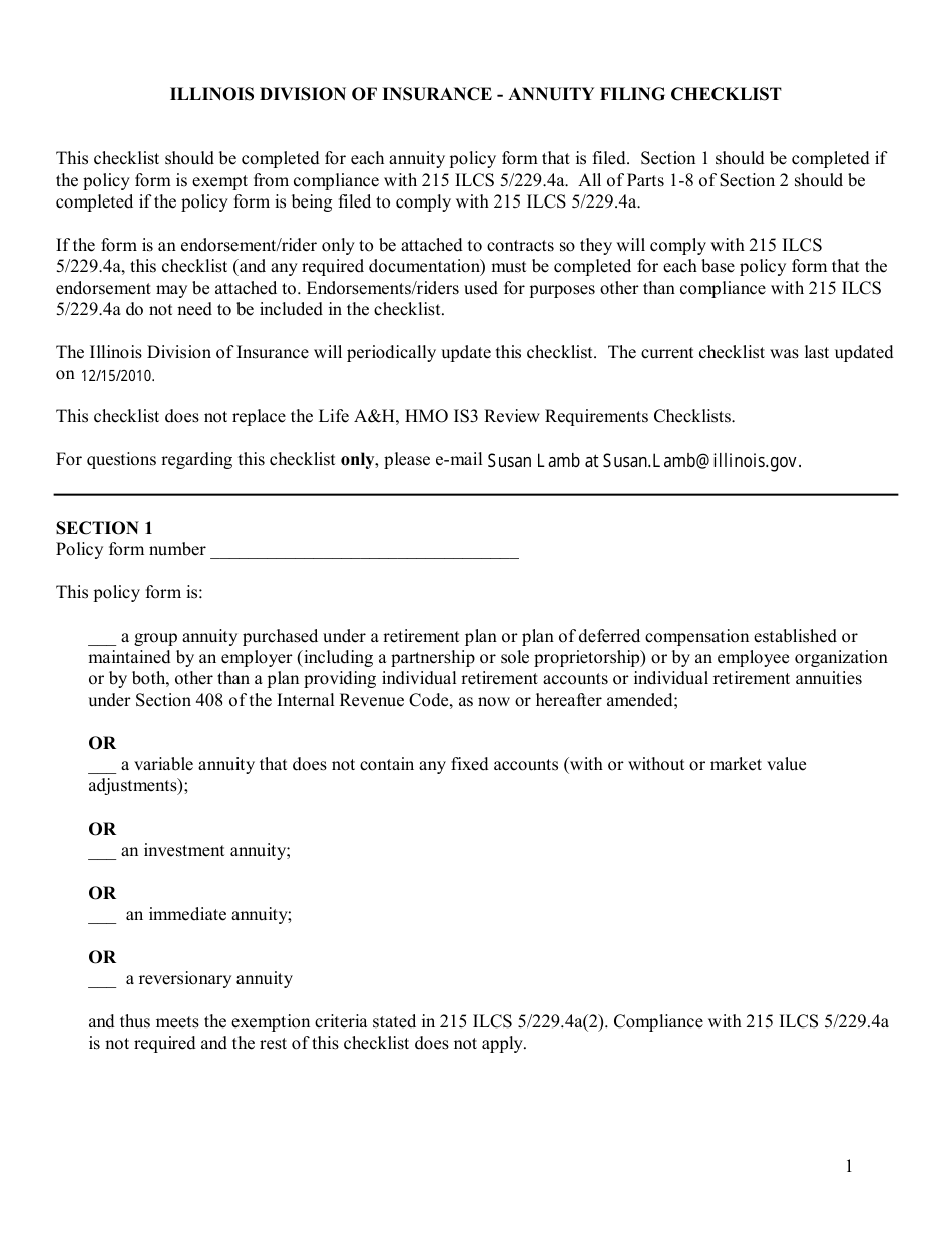Annuity Filing Checklist - Illinois, Page 1