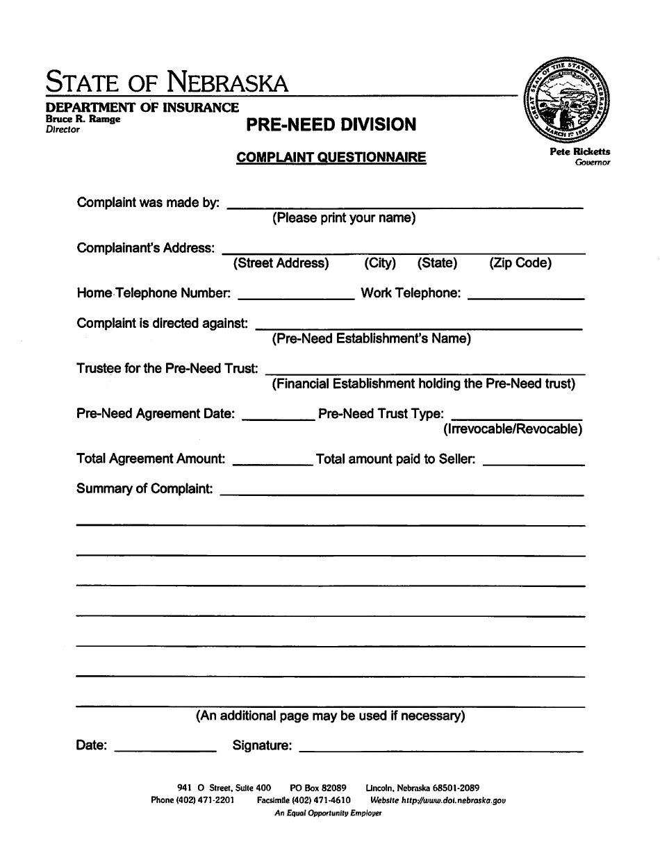 Pre-need Complaint Questionnaire Form - Nebraska, Page 1