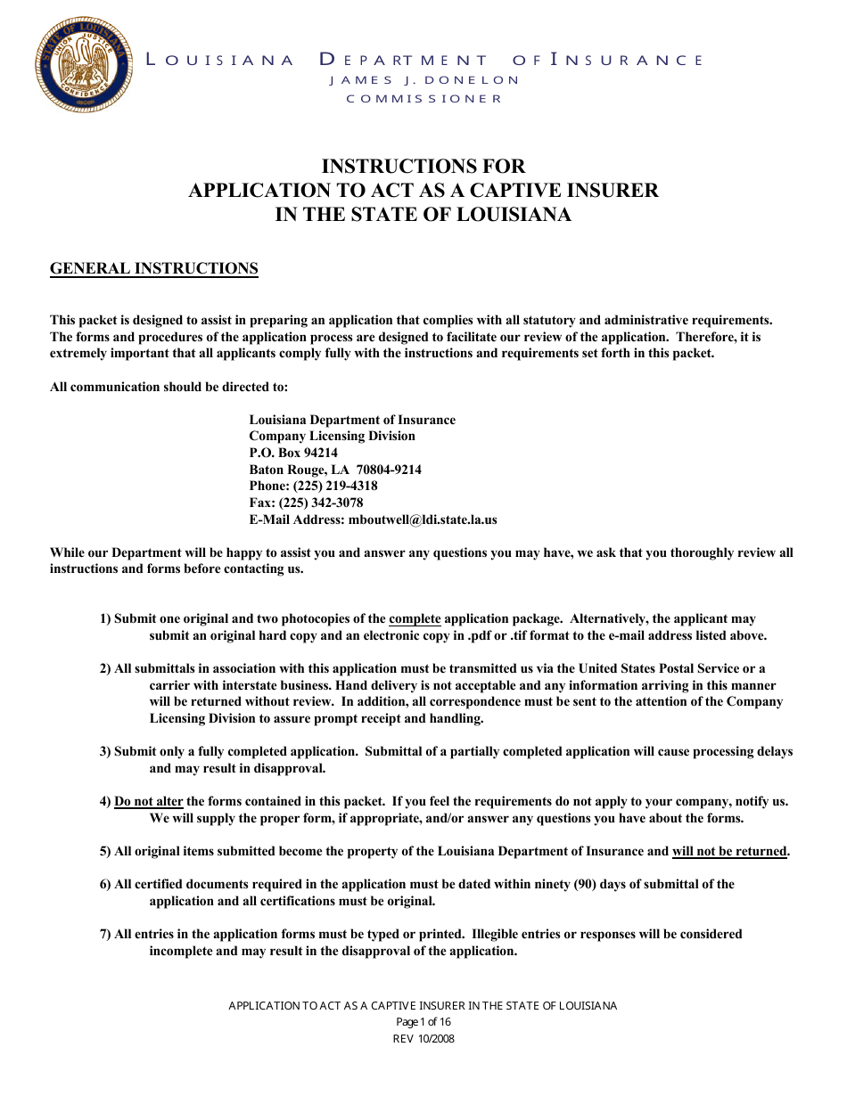 Application to Act as a Captive Insurer in the State of Louisiana - Louisiana, Page 1