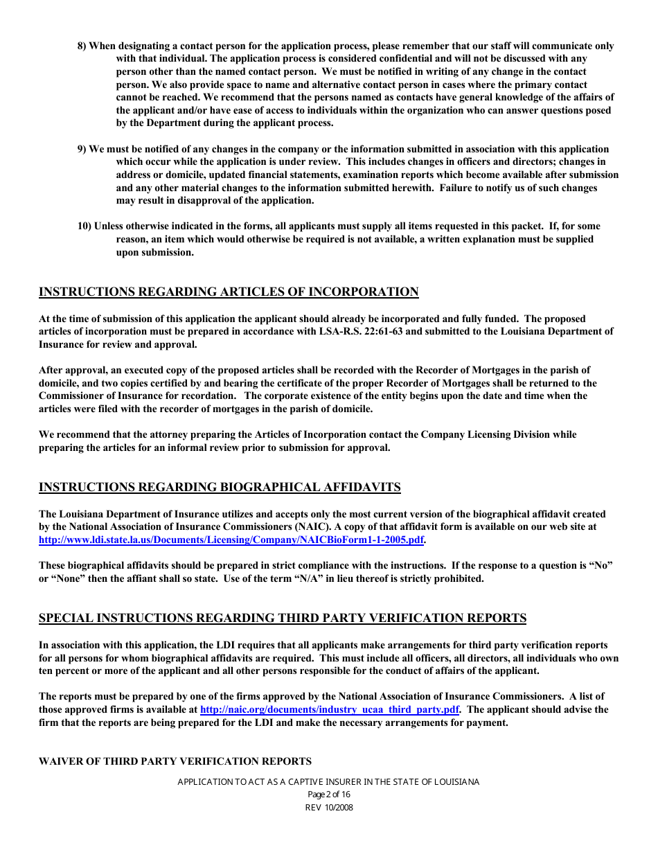 Application to Act as a Captive Insurer in the State of Louisiana - Louisiana, Page 2