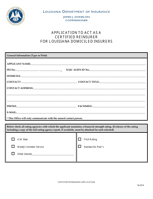 Application to Act as a Certified Reinsurer for Louisiana Domiciled Insurers - Louisiana Download Pdf