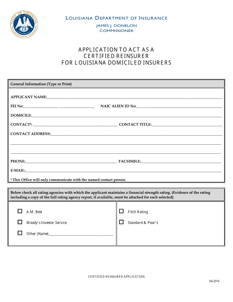 Application to Act as a Certified Reinsurer for Louisiana Domiciled Insurers - Louisiana, Page 1