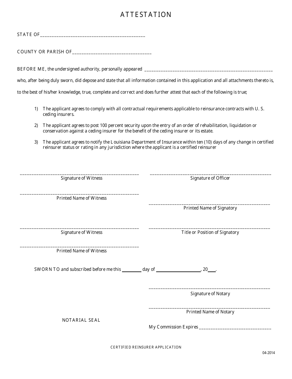 Application to Act as a Certified Reinsurer for Louisiana Domiciled Insurers - Louisiana, Page 4