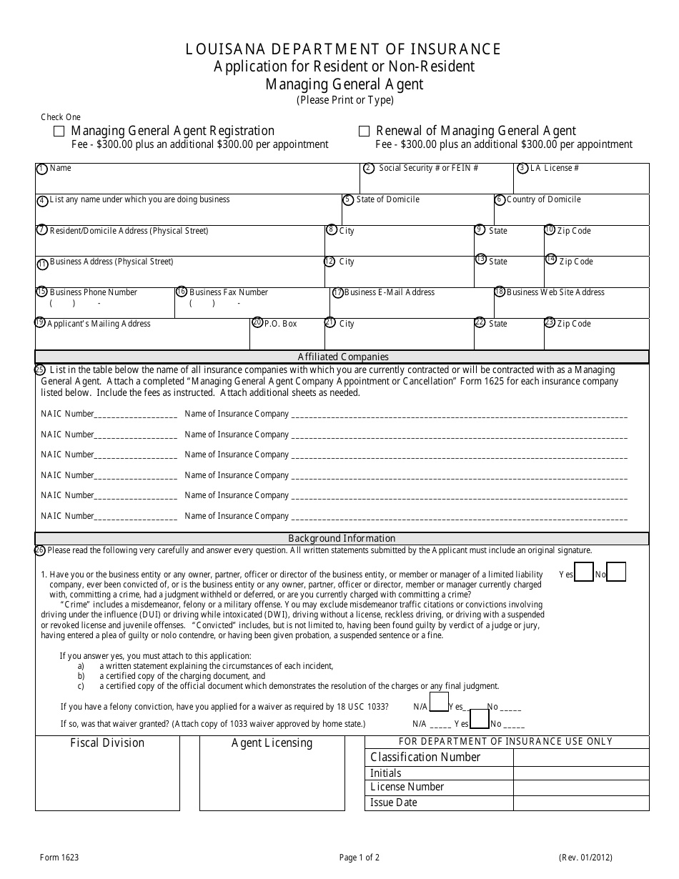 Form 1623 Application for Resident or Non-resident Managing General Agent - Louisiana, Page 1