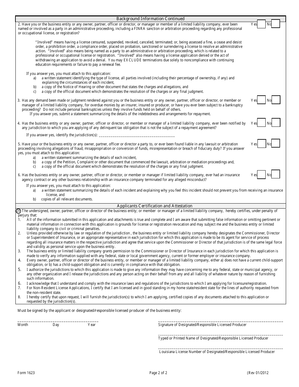 Form 1623 Application for Resident or Non-resident Managing General Agent - Louisiana, Page 2