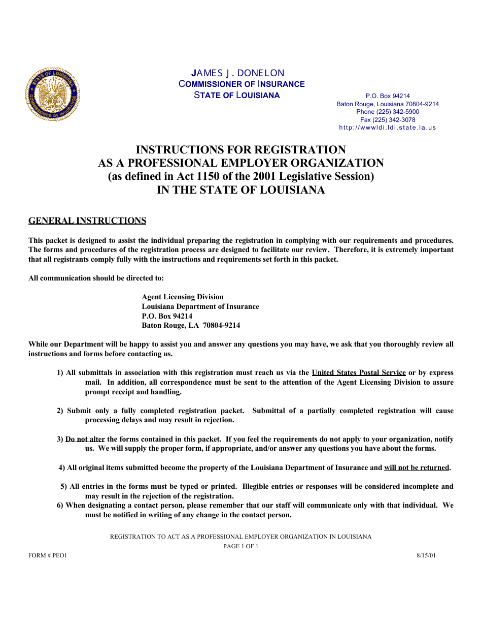 Form PEO1 Registration to Act as a Professional Employer Organization in the State of Louisiana - Louisiana, Page 1