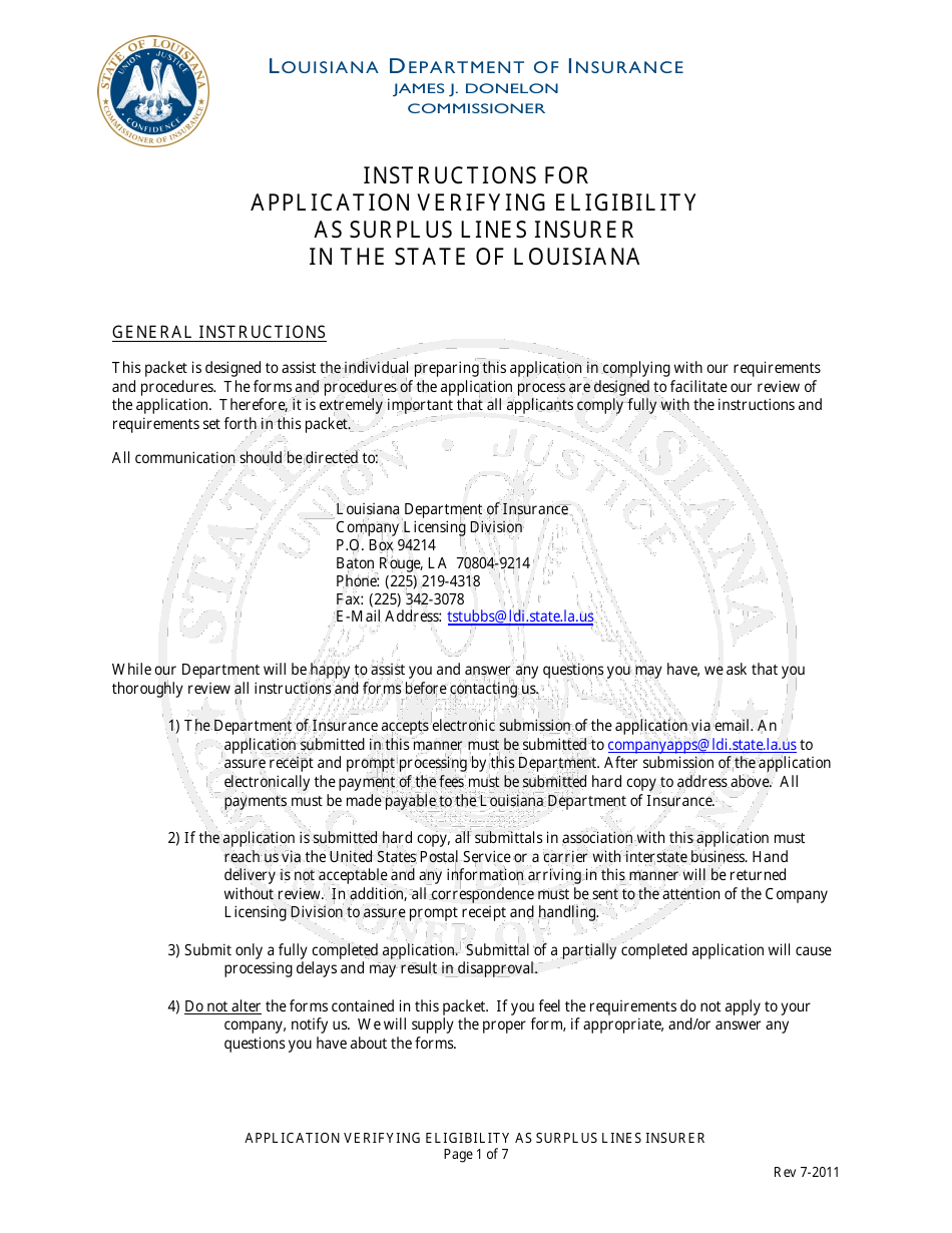 Application Verifying Eligibility as Surplus Lines Insurer in the State of Louisiana - Louisiana, Page 1