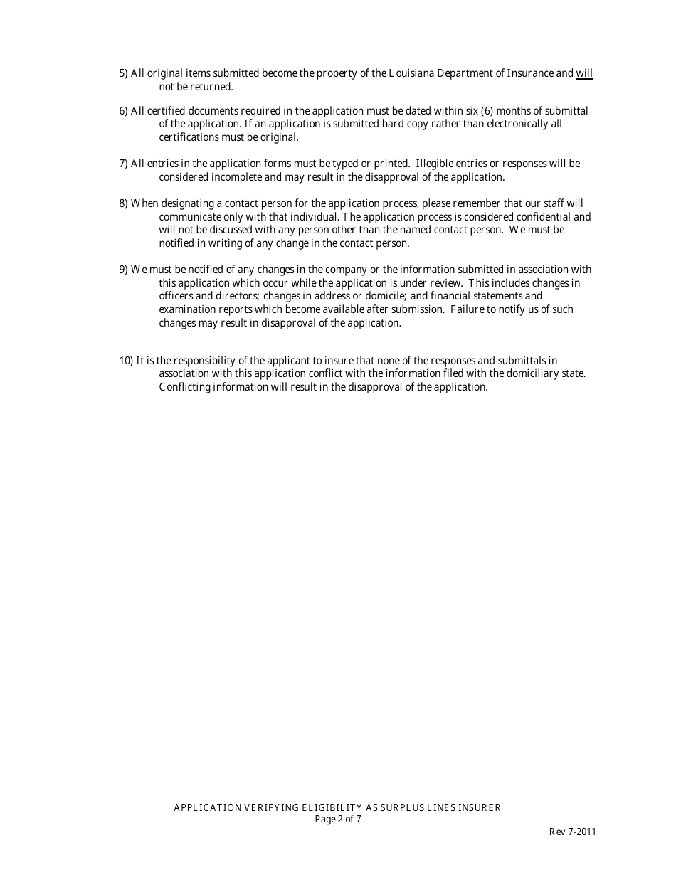 Application Verifying Eligibility as Surplus Lines Insurer in the State of Louisiana - Louisiana, Page 2