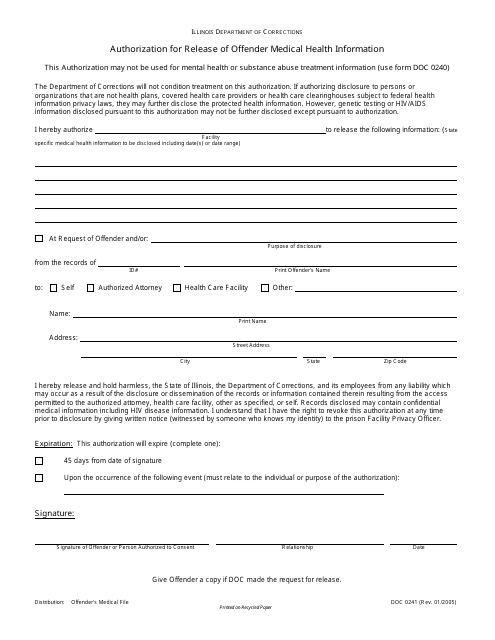 Form DOC0241 Authorization for Release of Offender Medical Health Information - Illinois