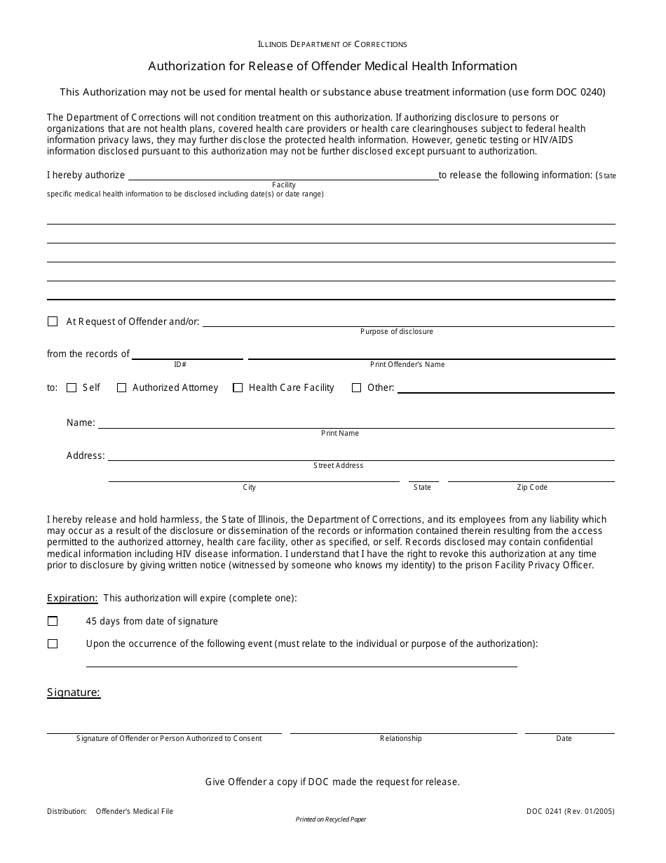 Form DOC0241 Authorization for Release of Offender Medical Health Information - Illinois, Page 1