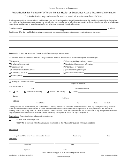 Form DOC0240 Authorization for Release of Offender Mental Health or Substance Abuse Treatment Information - Illinois