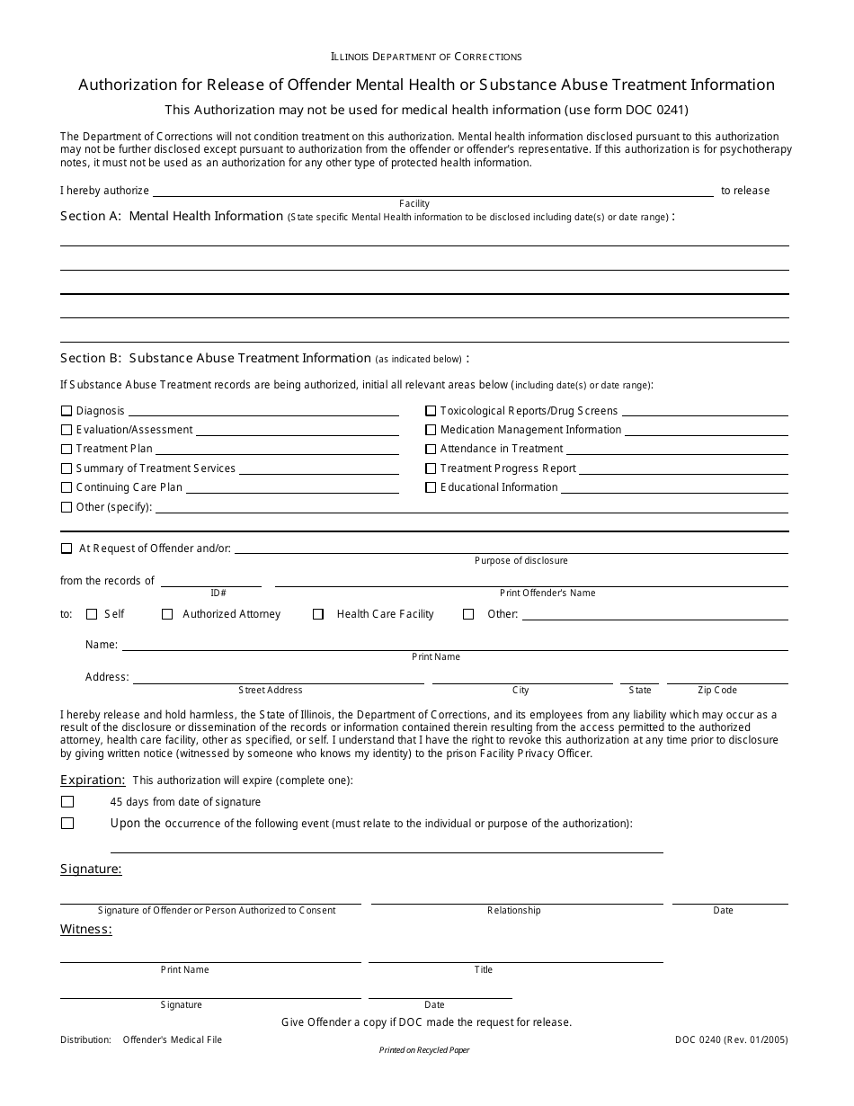 Form DOC0240 Authorization for Release of Offender Mental Health or Substance Abuse Treatment Information - Illinois, Page 1