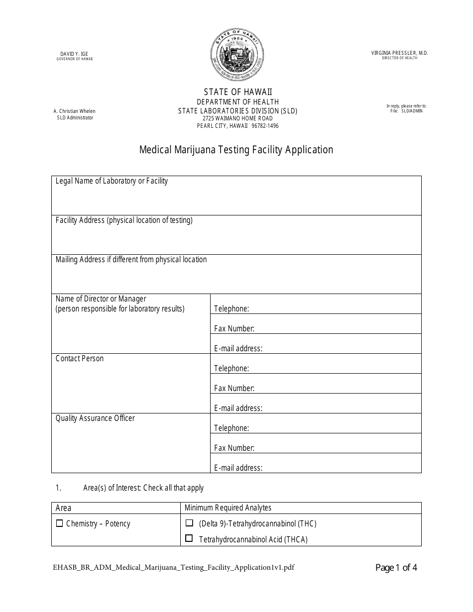 Medical Marijuana Testing Facility Application Form - Hawaii, Page 1
