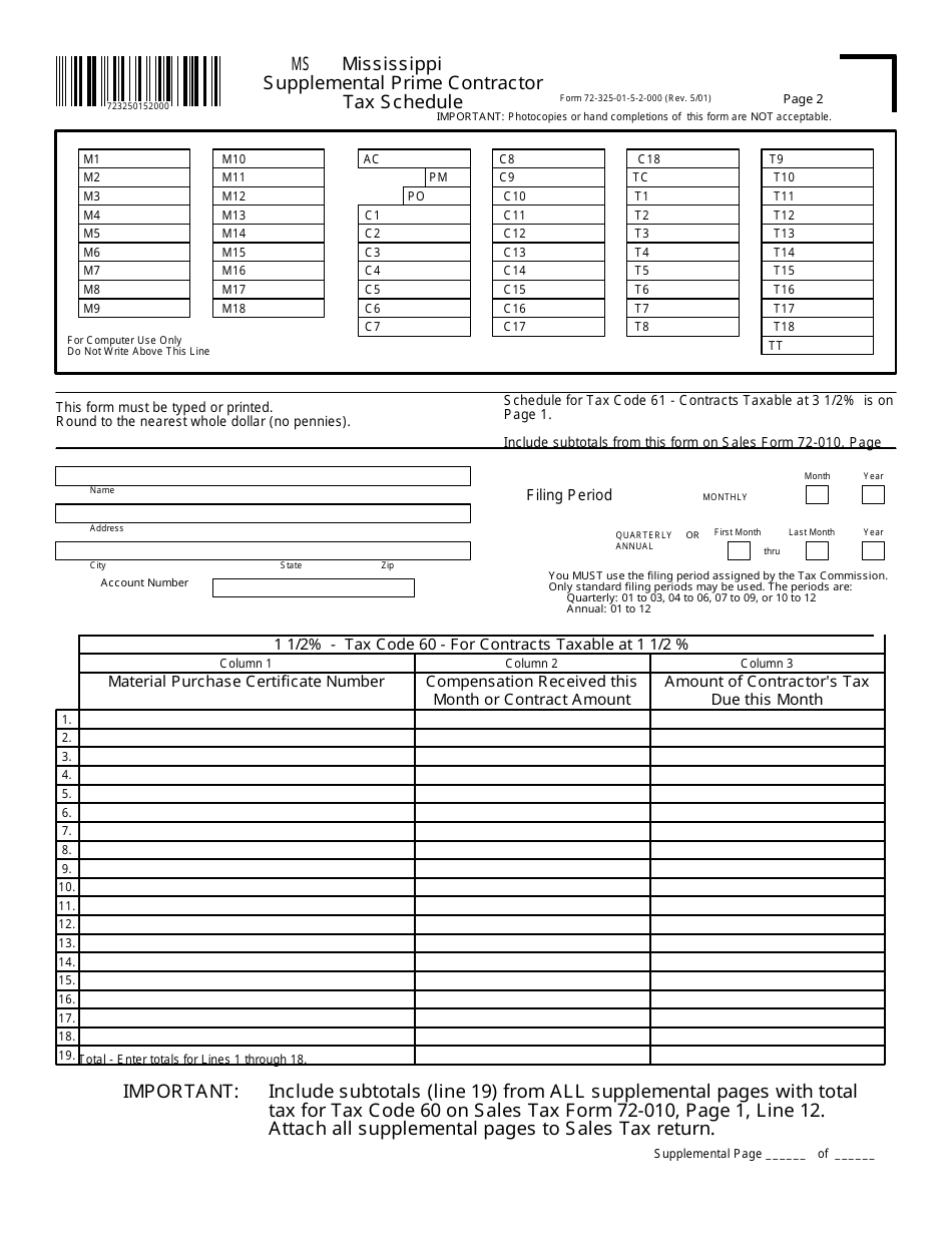 Form 72-325-01-5 Supplemental Prime Contractor Tax Schedule - Mississippi, Page 2