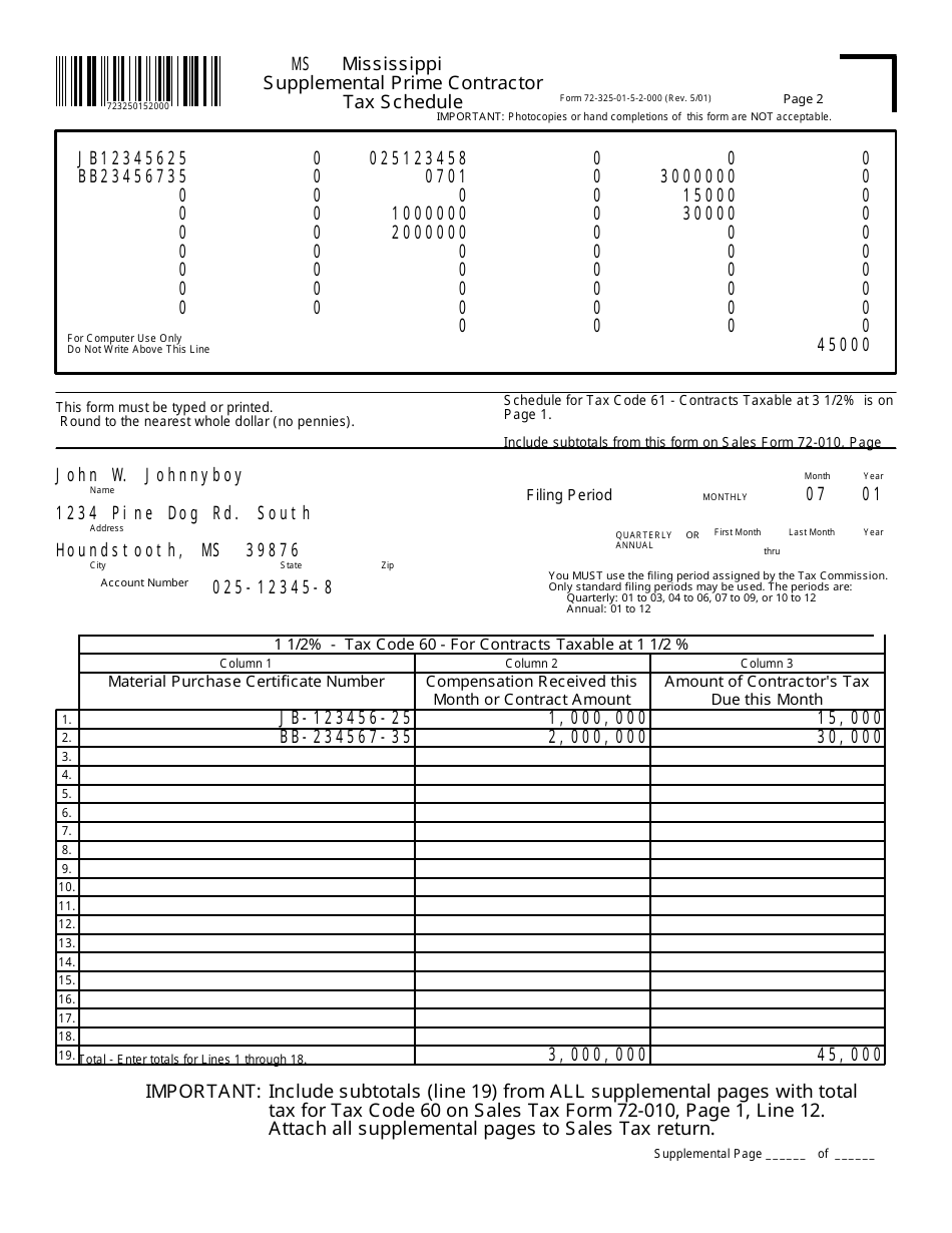 Form 72-325-01-5 Supplemental Prime Contractor Tax Schedule - Mississippi, Page 4