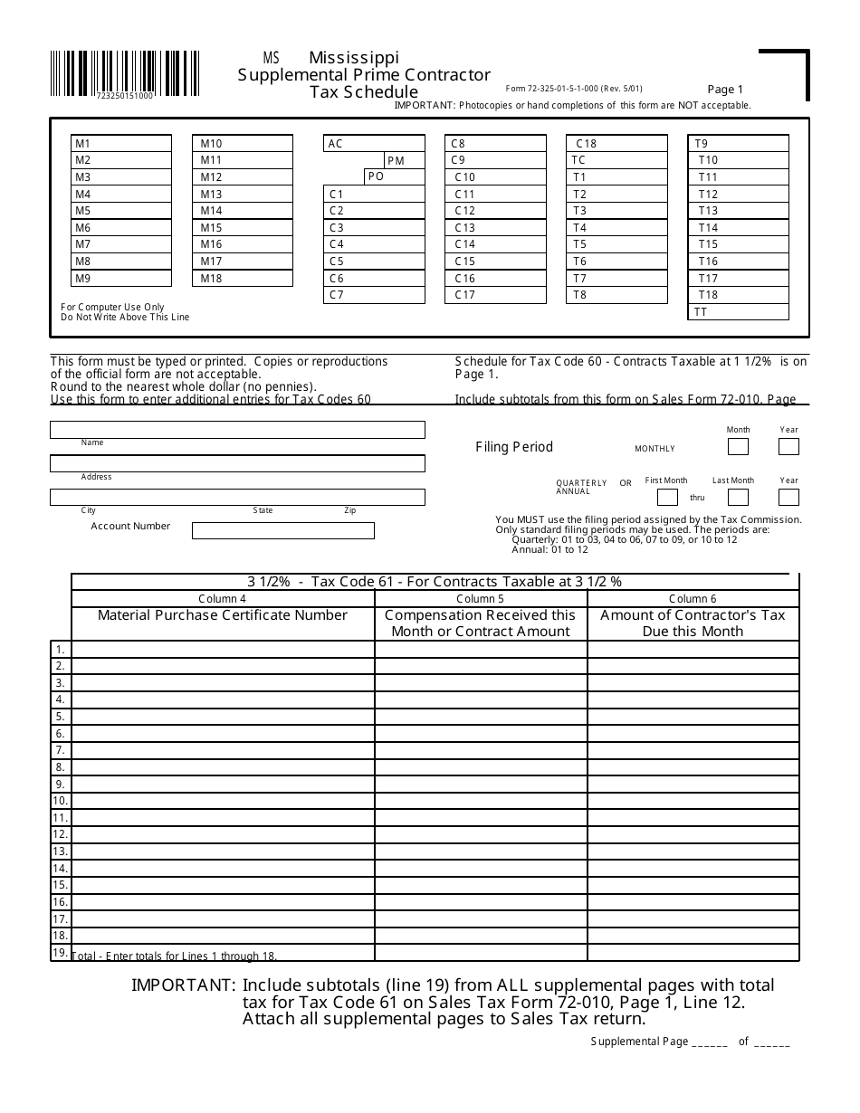 Form 72-325-01-5 Supplemental Prime Contractor Tax Schedule - Mississippi, Page 5