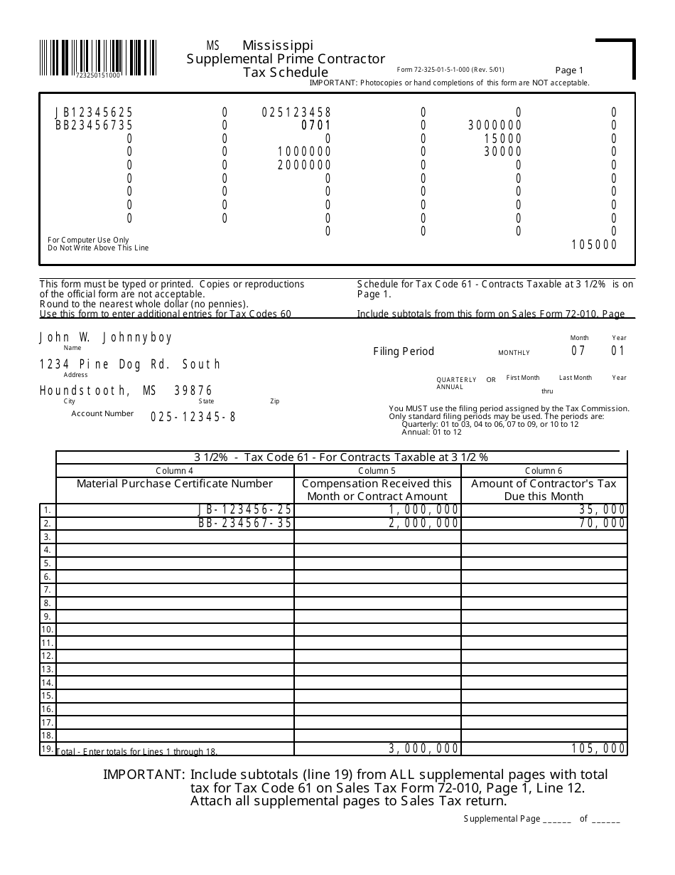 Form 72-325-01-5 Supplemental Prime Contractor Tax Schedule - Mississippi, Page 7