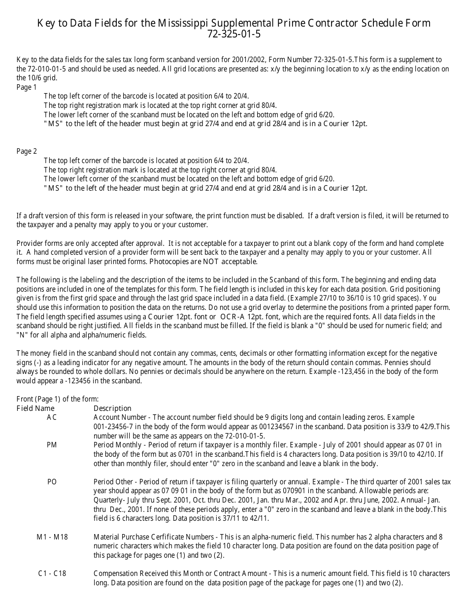Form 72-325-01-5 Supplemental Prime Contractor Tax Schedule - Mississippi, Page 8