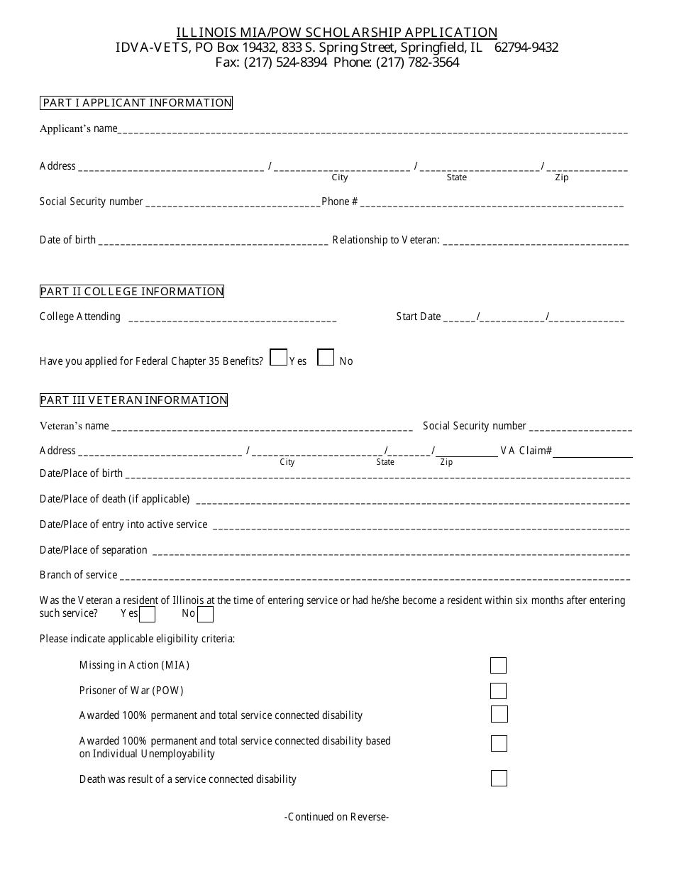 Form IL497-0472 Illinois Mia / Pow Scholarship Application - Illinois, Page 1