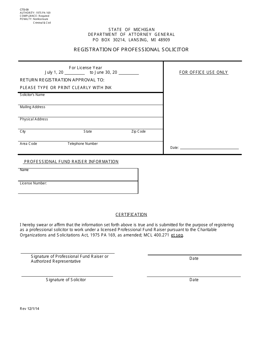 Form CTS-09 Registration of Professional Solicitor - Michigan, Page 1