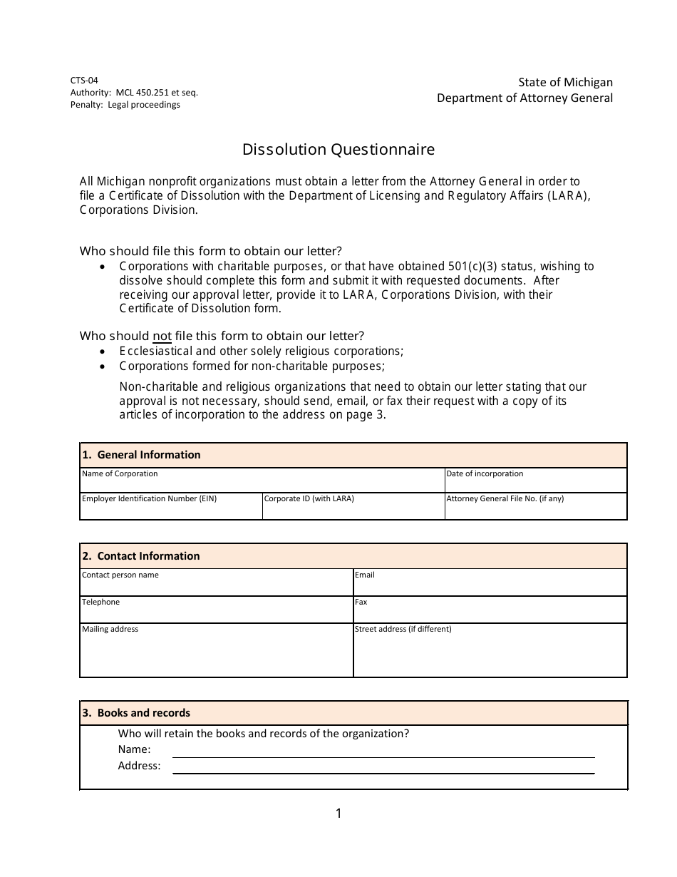 Form CTS-04 Dissolution Questionnaire - Michigan, Page 1