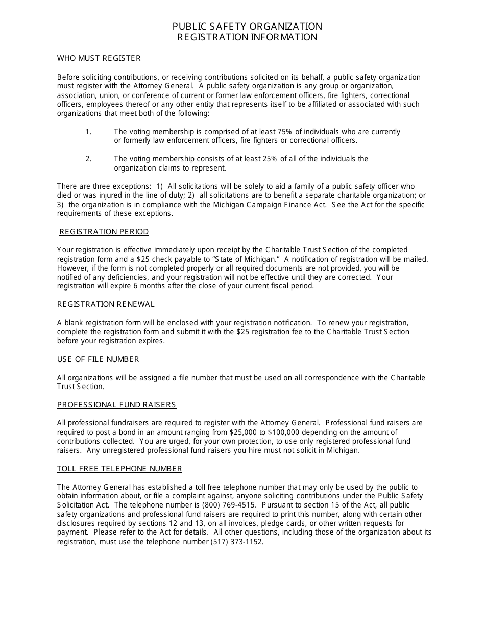 Form CTS-12 Public Safety Organization Registration Form - Michigan, Page 1